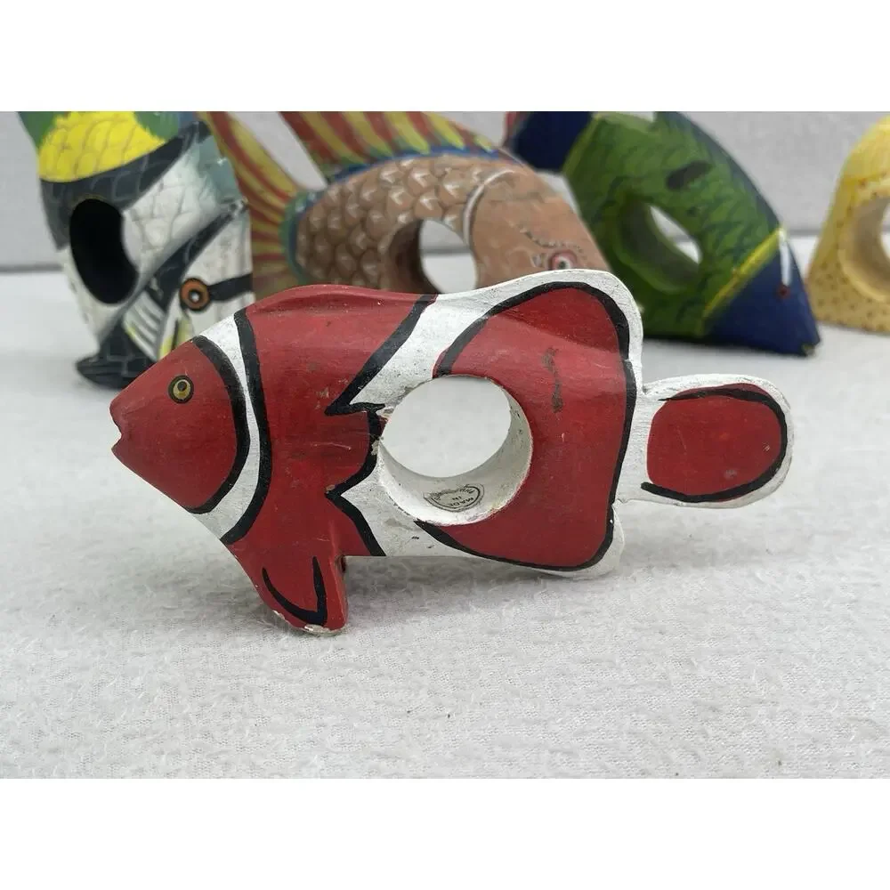 Hand Carved Wood Napkin Rings Set Fish Bird Folk Art Boho Table Decor